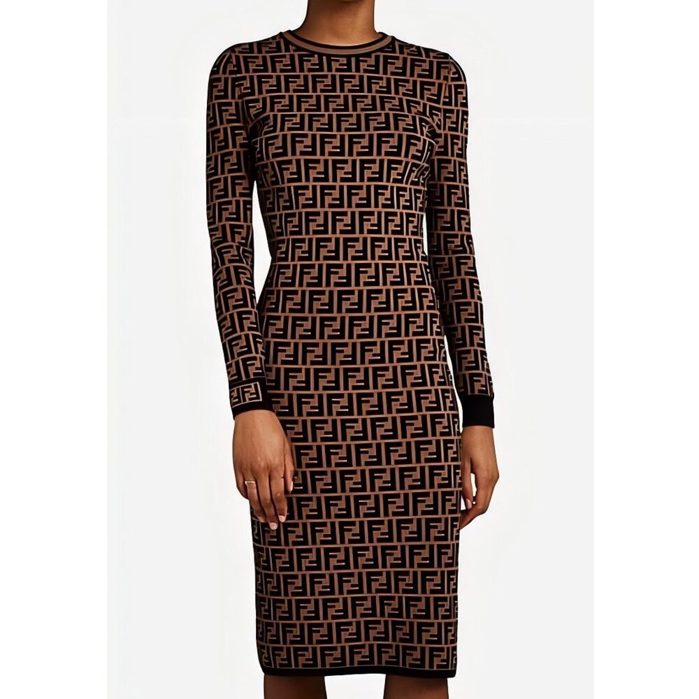 Fendi Printed Midi Length Dress - Brown Dresses